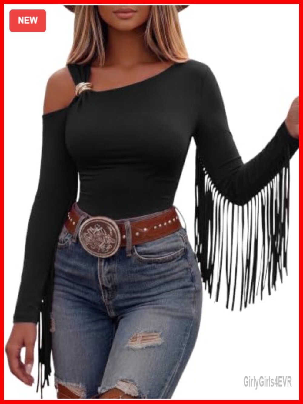 Womens Western Off Shoulder Fringe Long Sleeve Cowgirl Top